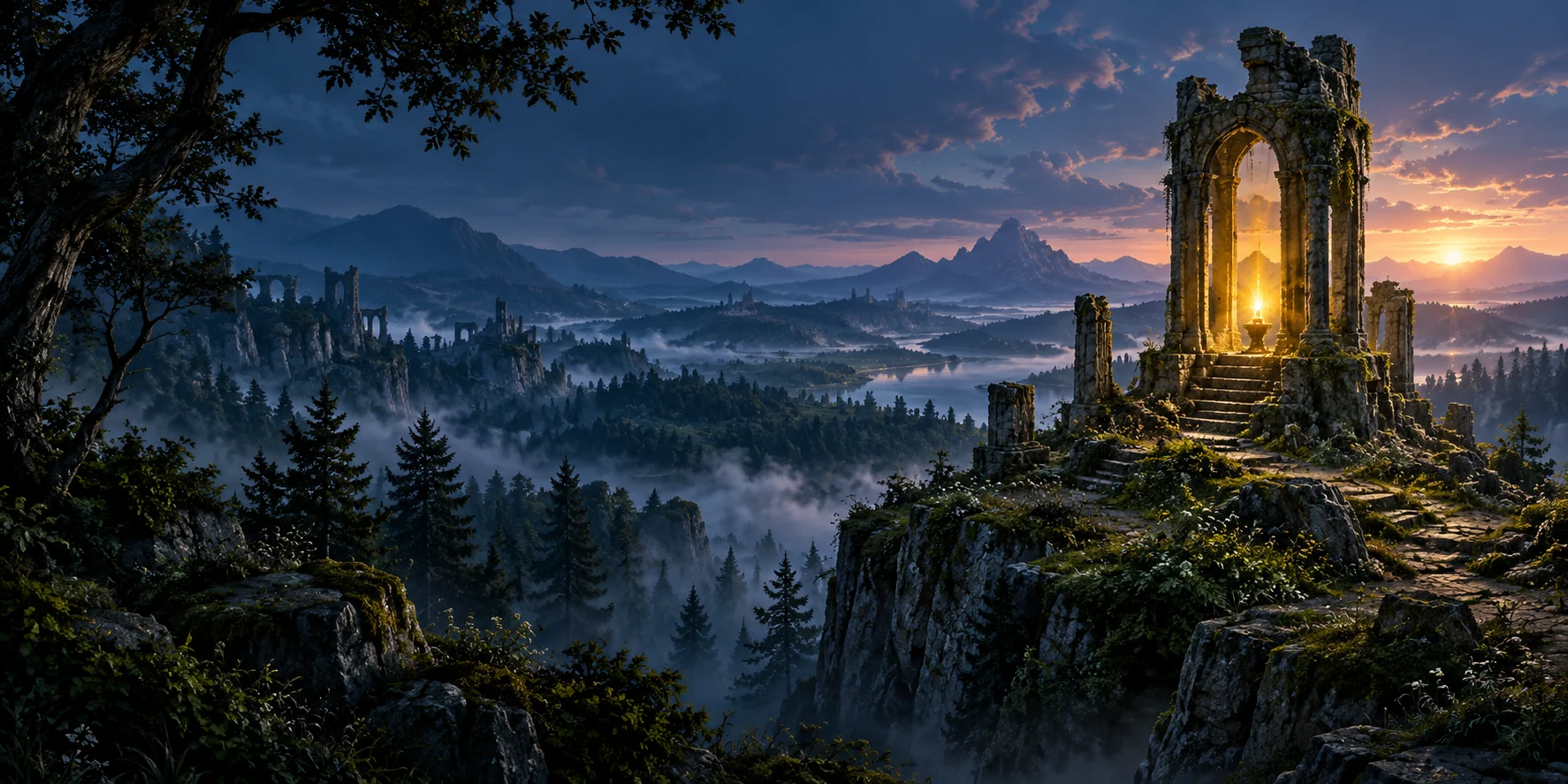 Warm light among ancient ruins above a mist-filled forest at twilight